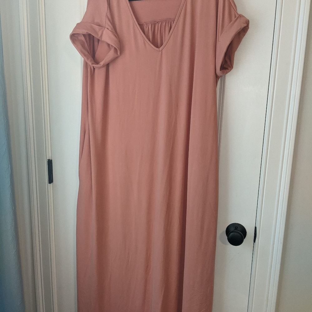 Buttery soft salmon colored t-shirt dress with pockets